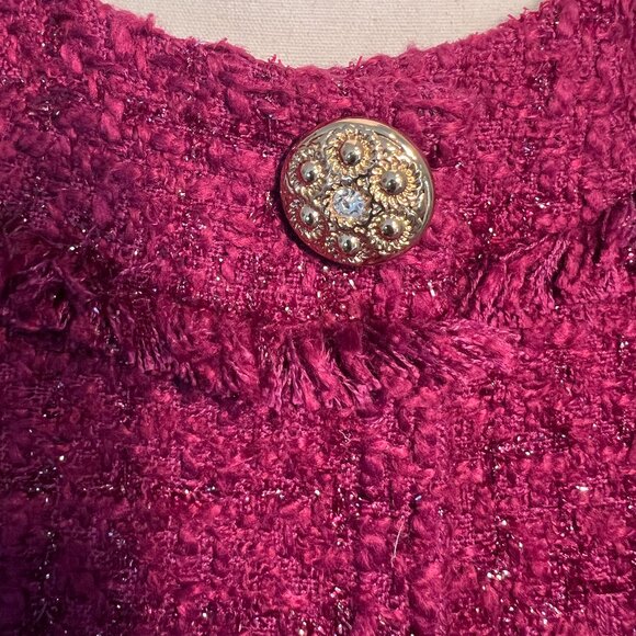 Tahari ASL Magenta Metallic Tweed Skirt Suit with Fringe Detail, Size 10 - Picture 4 of 16